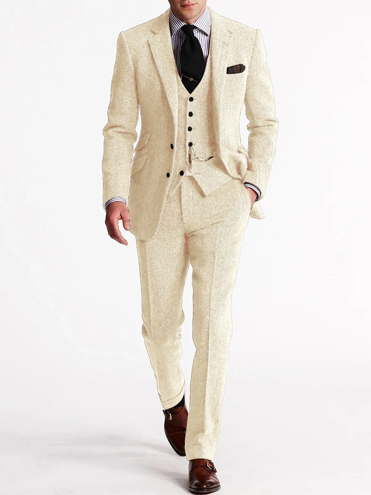 ANNIEBRITNEY Herringbone Tweed Suits for Men Slim Fit Tuxedo Man Suit Set Trajes De Hombre Anzug Herren Custom Made Men Suits