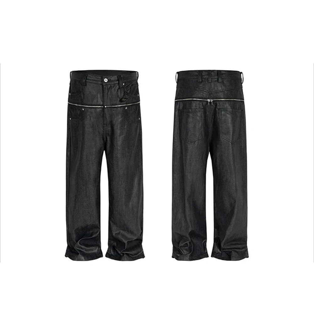 Vitnage Hip Hop Zipper Wax Coated Original Jeans for Men Straight Ropa Hombre Black Denim Trousers Streetwear Baggy Pants