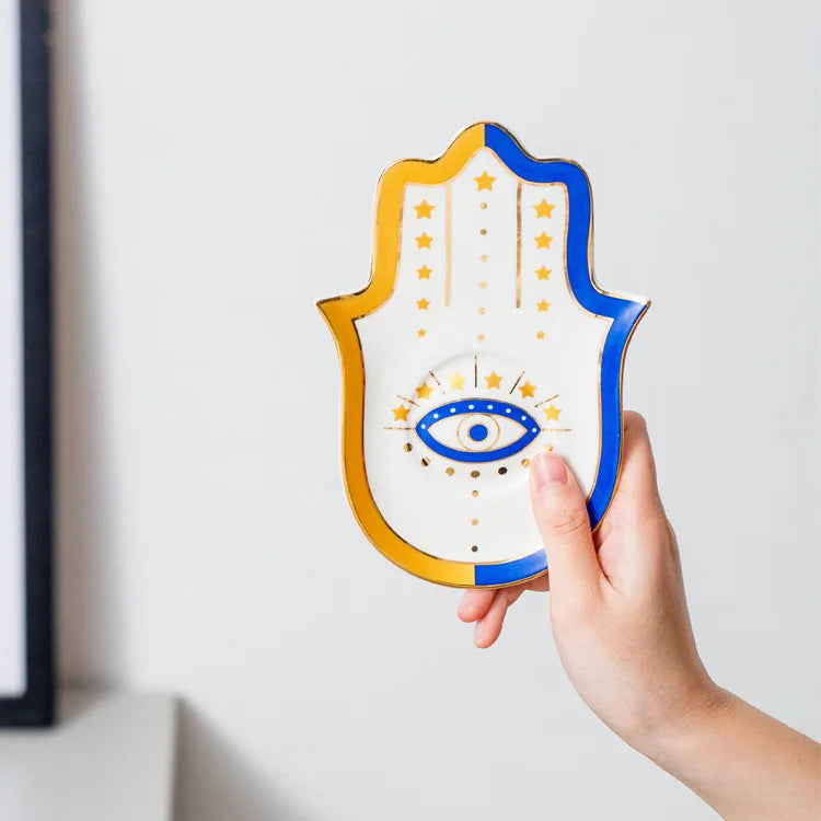 Ceramic Blue Evil Eye Hamsa Hand Jewelry Storage Tray Fatima Palm Lucky Decoration Desk Ornament Gothic Home Decorations Trinket