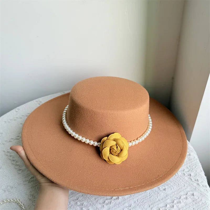 Cherub French Big Brim organza /Church Hat Women Elegant Flat-top Fedora Hat.