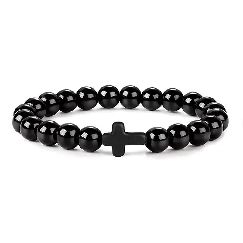 Prayer Men & Women Natural Stone Wood Beads Rosary Hematite Cross Onyx Meditation Bracelets. Spiritual Jewelry.