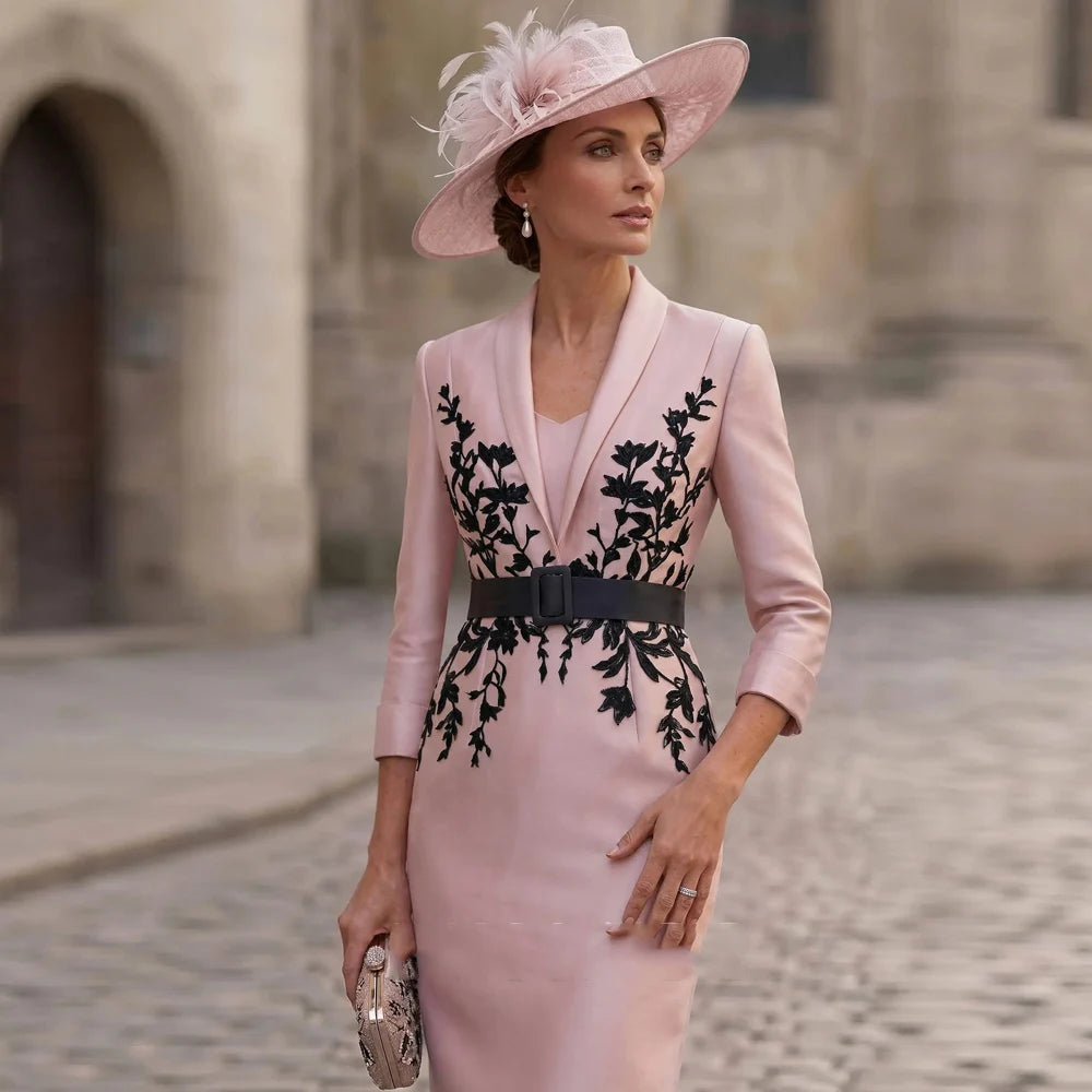 Elegant Mother of The Bride Dress Customzied 3/4 Sleeves V Neck with Belt Lace Embroidery for Wedding Guest Gown Evening Dresses