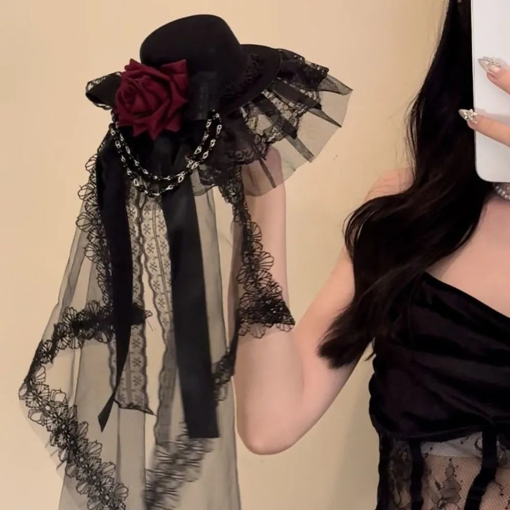Cherub Flowers Bow Decor Funeral Home Going /Wedding Veil Rose Top Hat Black or White Cosplay Costume Lolita Headdress