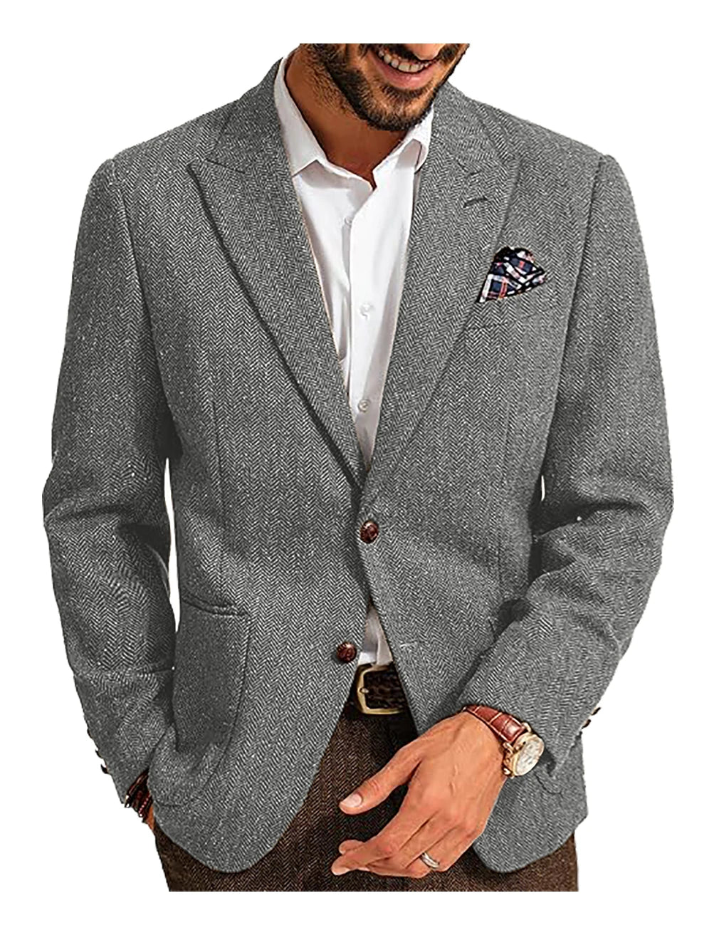 Cherub Men's Suit Brown Herringbone Blazer Prom Tuxedos Wool Tweed Single Breasted Two Buttons Business/Wedding ?Jacket