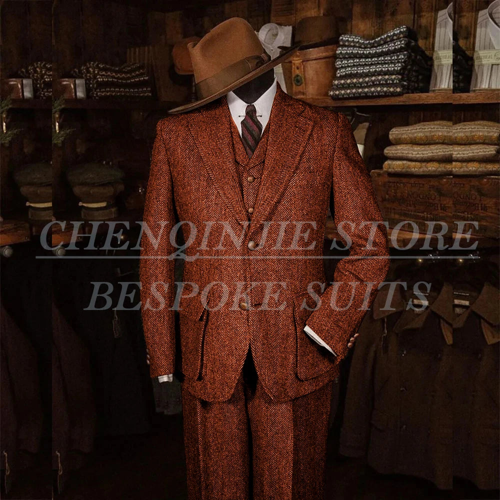 Elegant Tweed Men's Suits for Winter Single Breasted Notch Lapel Slim Fit Male Clothing High Quality 3 Piece Jacket Pants Vest