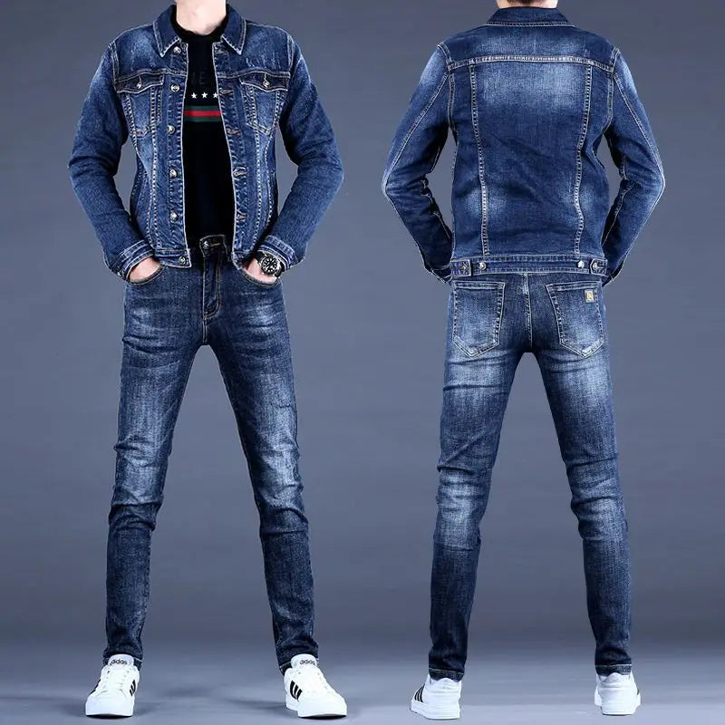 Luxury Brand Men's with Denim Suit Men's 2025 New Autumn and Winter High-end Trendy Casual Jacket Top Versatile Jeans Jacket Set