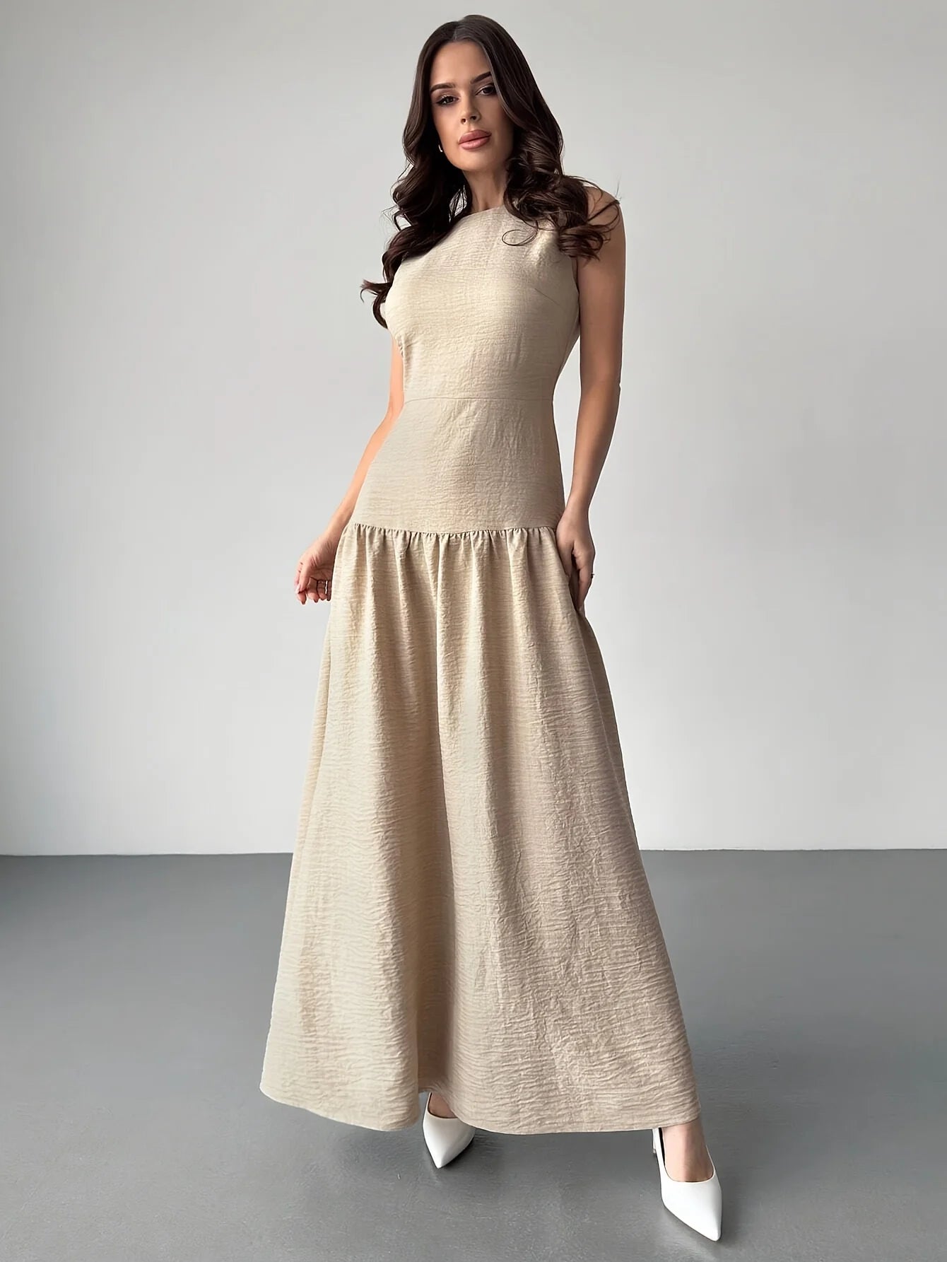 2025Ladies' elegant linen A-line cinched-waist long dress