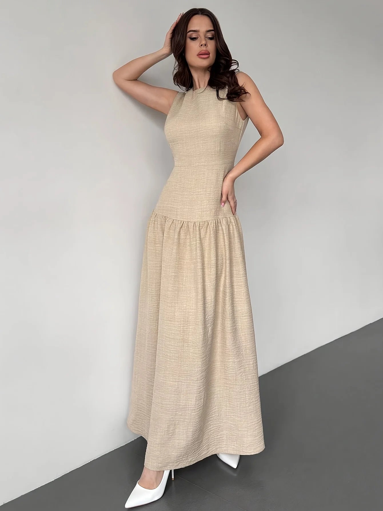 2025Ladies' elegant linen A-line cinched-waist long dress