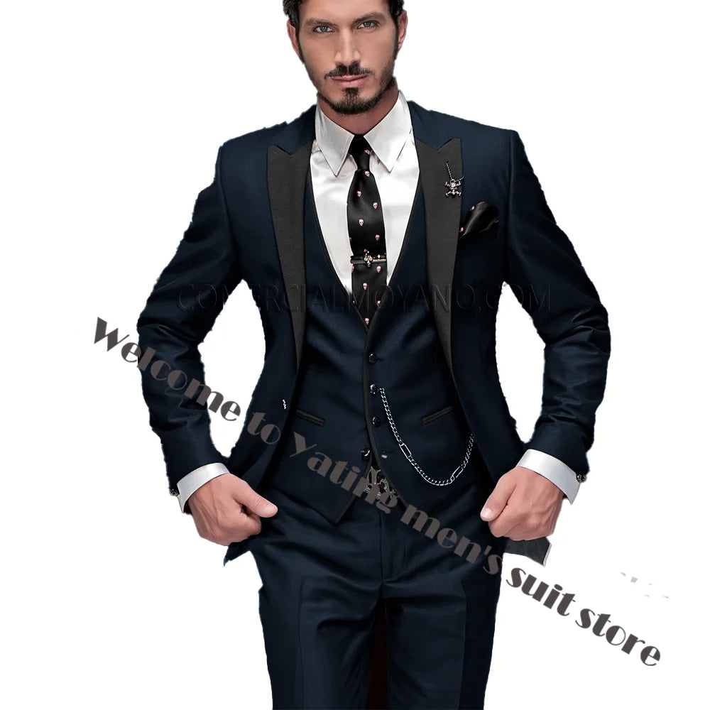 2024 New Men's Suit Wedding Tuxedo Groom Jacket Pants Vest Three-piece Set Elegant Men Blazer Wine Red Formal Outfit