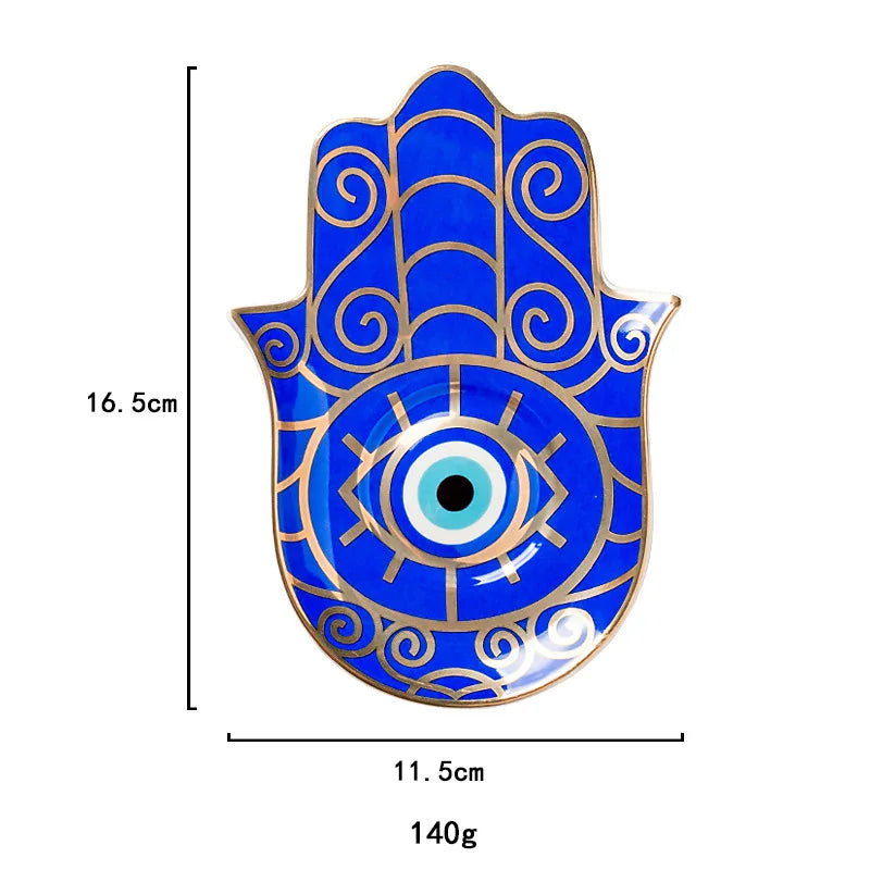 Ceramic Blue Evil Eye Hamsa Hand Jewelry Storage Tray Fatima Palm Lucky Decoration Desk Ornament Gothic Home Decorations Trinket