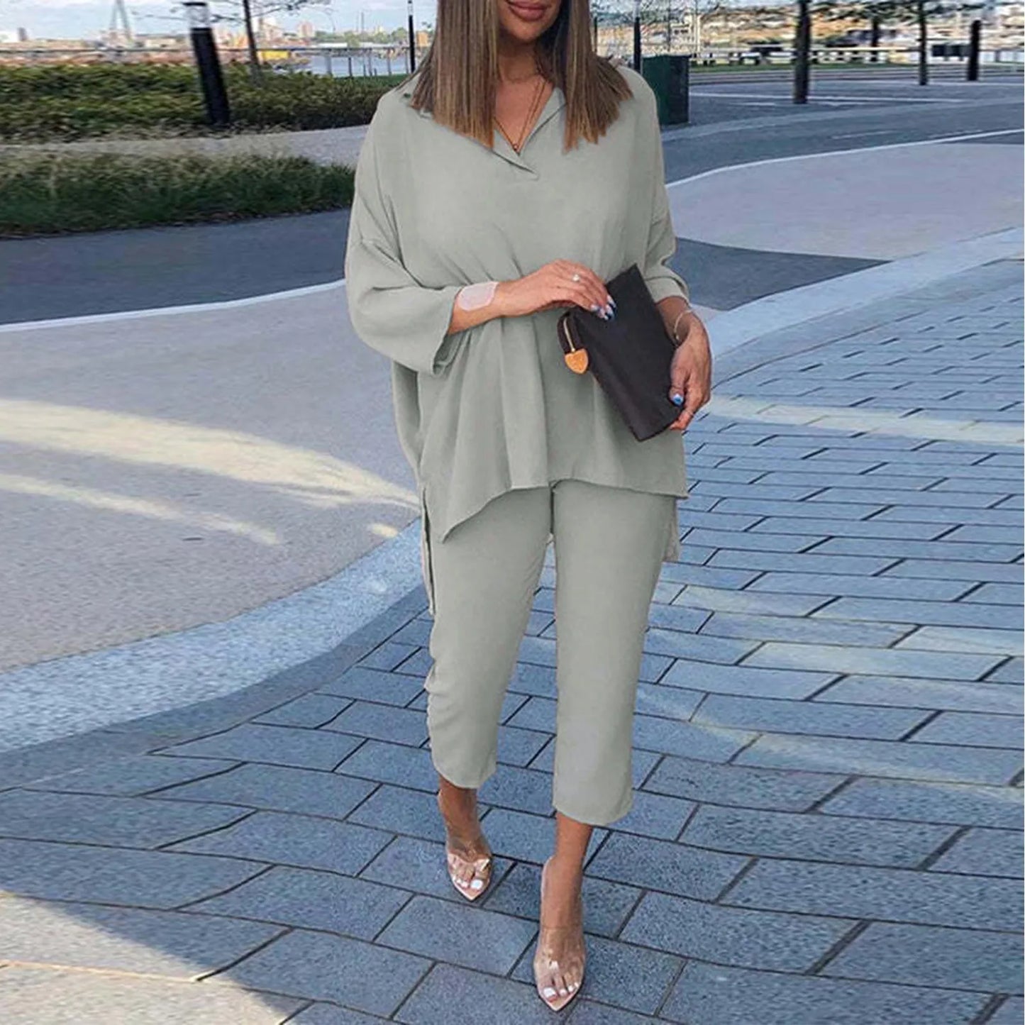 Cherub Women's Urban Outfits Solid Color Suit V Neck T Shirt Blouse and Pants Suits Two Piece Loose Set.