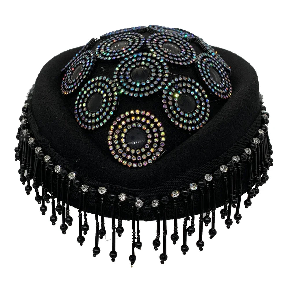 Cherub Church Derby Fascinator With Tassels Lady Beret Caps Airline Stewardess style African Headwear Vintage Felt Turban Hat For Women