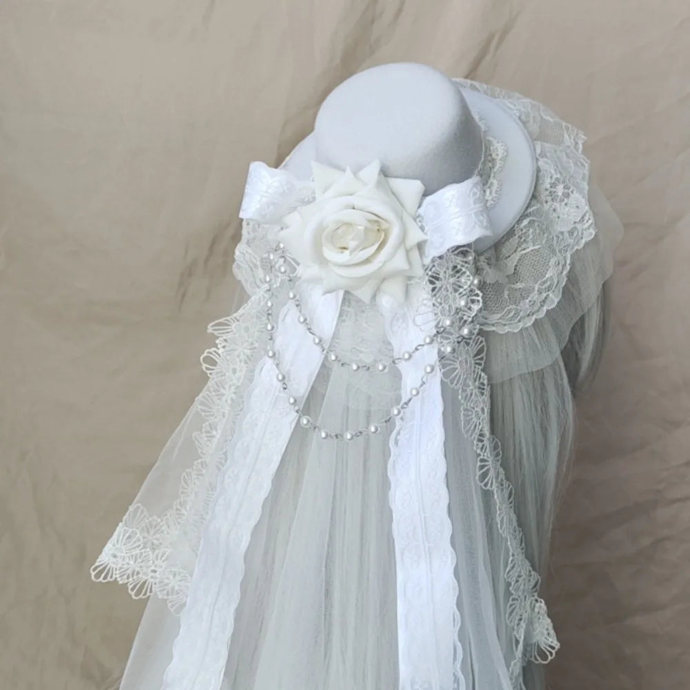Cherub Flowers Bow Decor Funeral Home Going /Wedding Veil Rose Top Hat Black or White Cosplay Costume Lolita Headdress