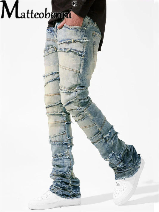 Vintage Men's Straight Jeans Male Youth Four Seasons Casual Patchwork Denim Pants 2025 Fashion High Waist Trousers Streetwear
