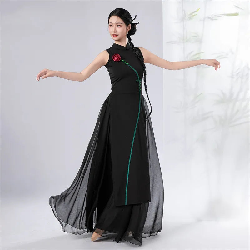 Cheongsam Dance Costume Chinese Traditional Folk National Dancer Performance Outfit Long Dress Rose Button WIde Leg Culottes