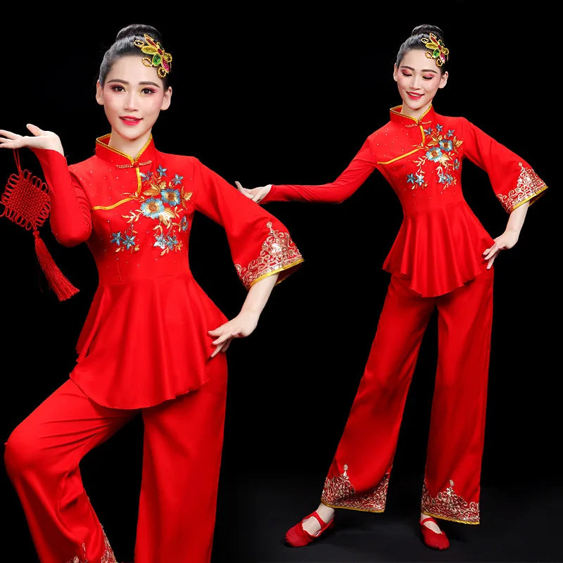 Classical Dance Costumes Traditional Chinese Stage Performance Fan Folk Dancing Clothing Ethnic Vintage Yangko Dress Outfit