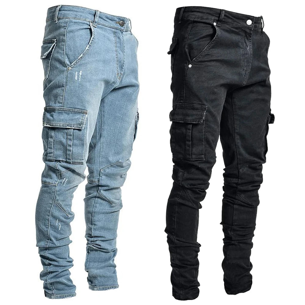 Urban Elastic Jeans Men Denim Cargo Pants Wash Solid Color Multi Pockets Casual Mid Waist Trousers Slim Fit Joggers