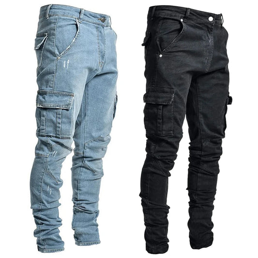 Urban Elastic Jeans Men Denim Cargo Pants Wash Solid Color Multi Pockets Casual Mid Waist Trousers Slim Fit Joggers