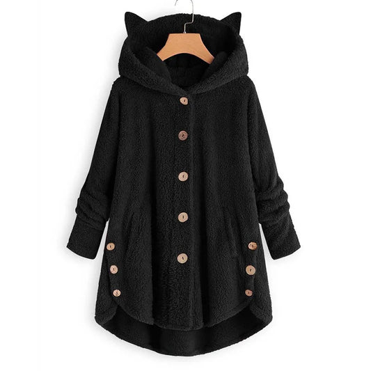 Cherub Button Hooded Cat Ear Plush Top   Jacket for Women