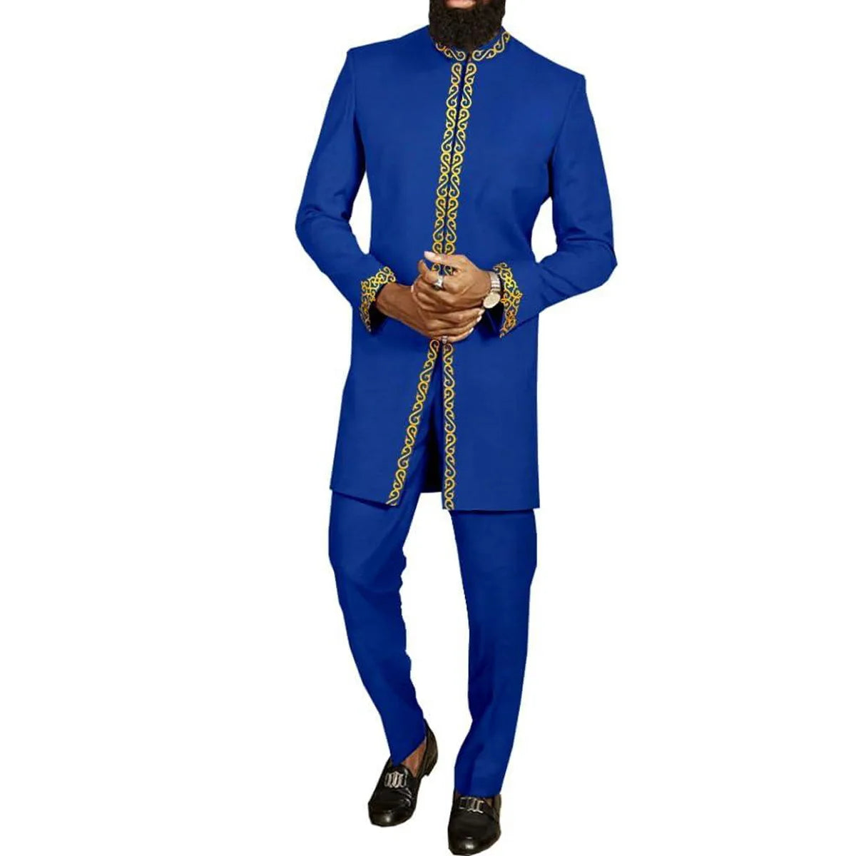 African Traditional Men Suit Printed Shirt Top Elastic Waist Pants White Wedding 2 Piece Set Outfits Ethnic Style Costumes