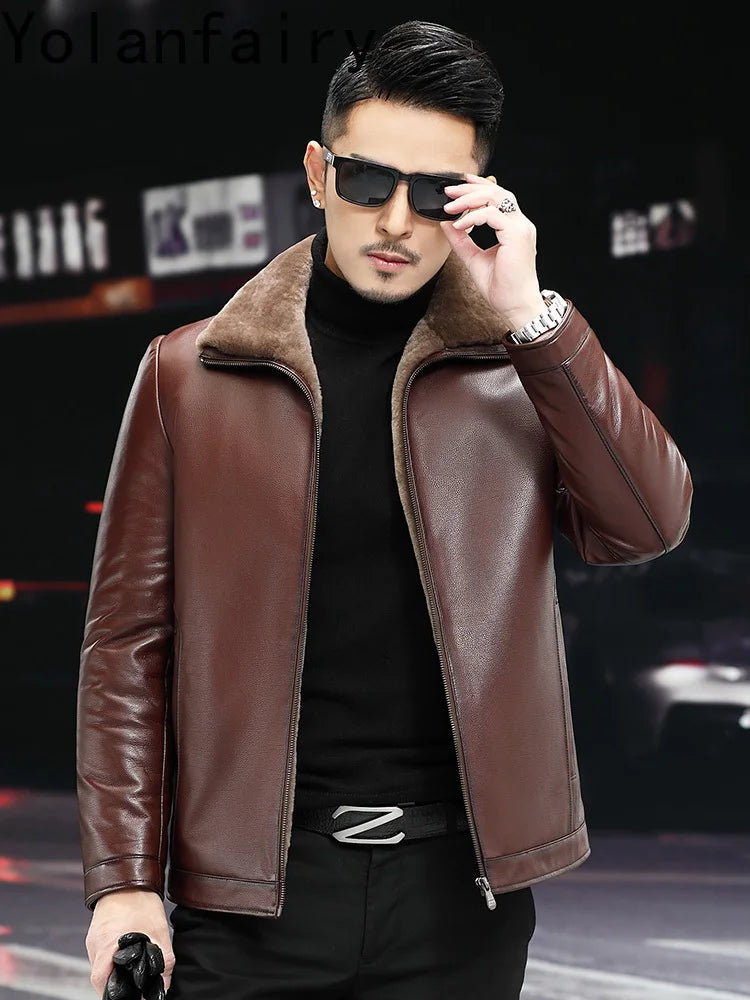 YOLAN FAIRY High Quality Real Goatskin Leather Jackets Man Winter Wool Lining Fur Coat Short Lapel Genuine Leather Jacket Men