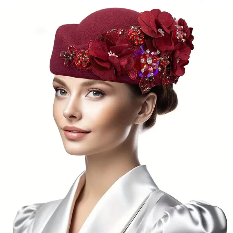 Cherub Vintage Women's Church Sundays Best Fascinator Hat W/Flower and Rhinestone Headdress Soft Beret Cap /Party Wedding Prom