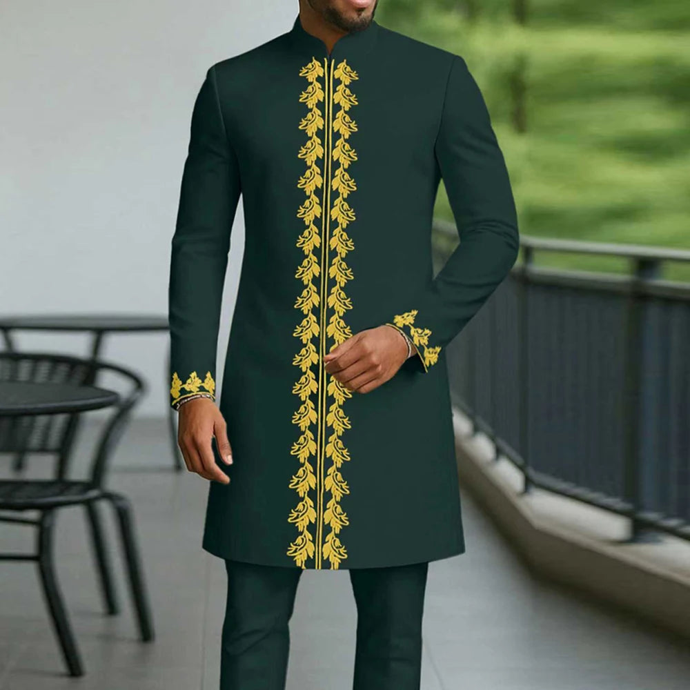African Traditional Men Suit Printed Shirt Top Elastic Waist Pants White Wedding 2 Piece Set Outfits Ethnic Style Costumes