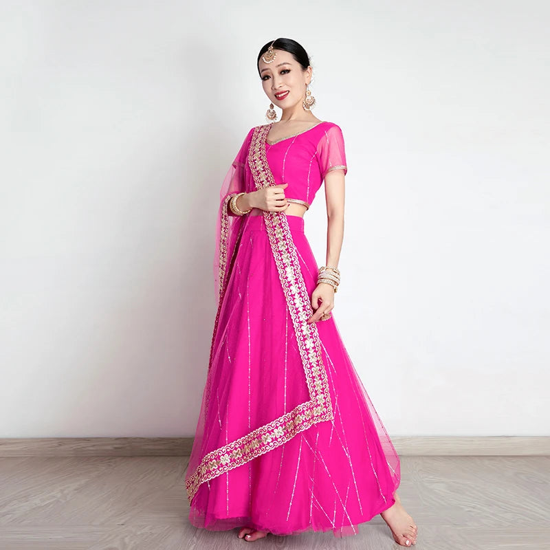 Exotic Indian Dance Costume Ethnic Style Women's Bollywood Belly Dance Dress Sari Top Large Swing Skirt  Set
