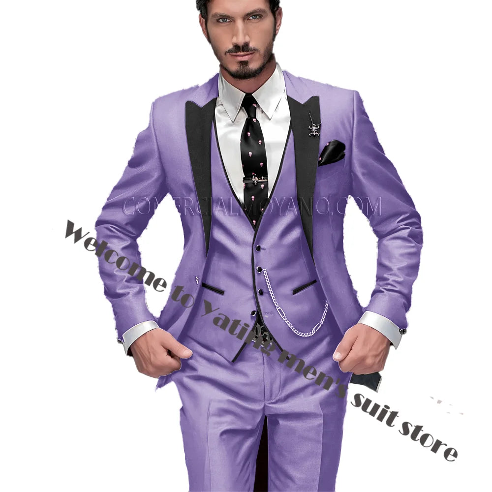 2024 New Men's Suit Wedding Tuxedo Groom Jacket Pants Vest Three-piece Set Elegant Men Blazer Wine Red Formal Outfit