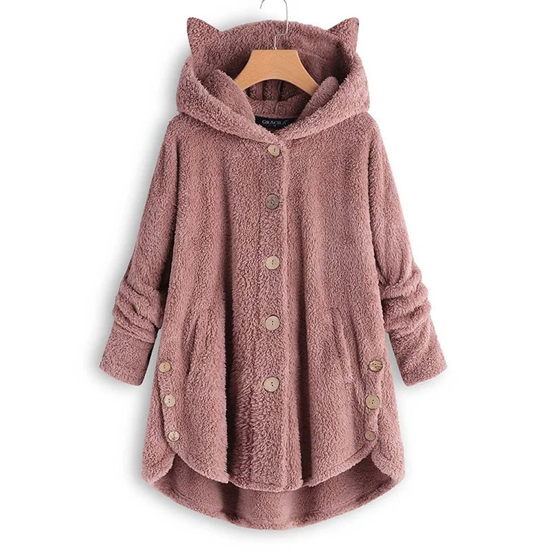 Cherub Button Hooded Cat Ear Plush Top   Jacket for Women