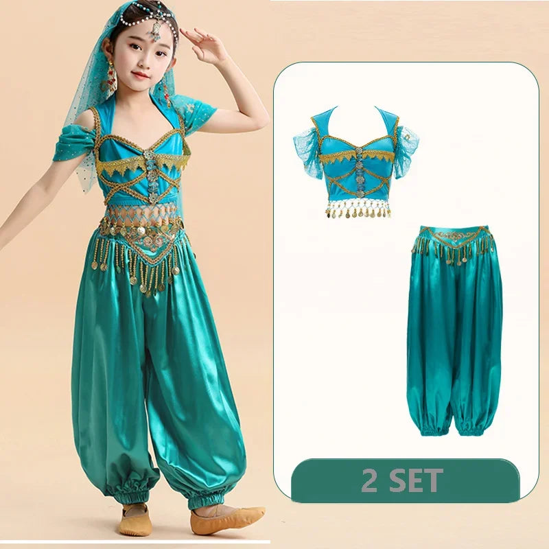 Kids India Princess Belly Dance Set Children  Oriental Indian Dance Sari Girl Performance Costume Bollywood Stage Outfit