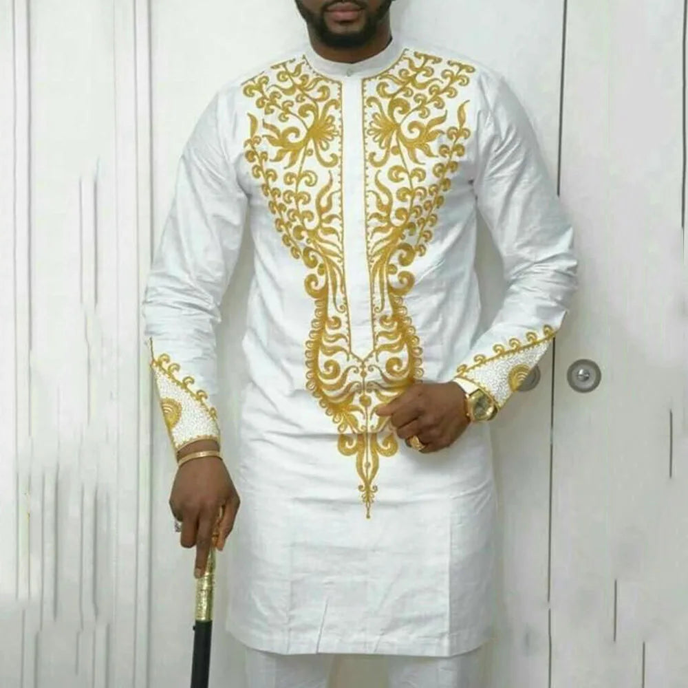 African Traditional Men Suit Printed Shirt Top Elastic Waist Pants White Wedding 2 Piece Set Outfits Ethnic Style Costumes