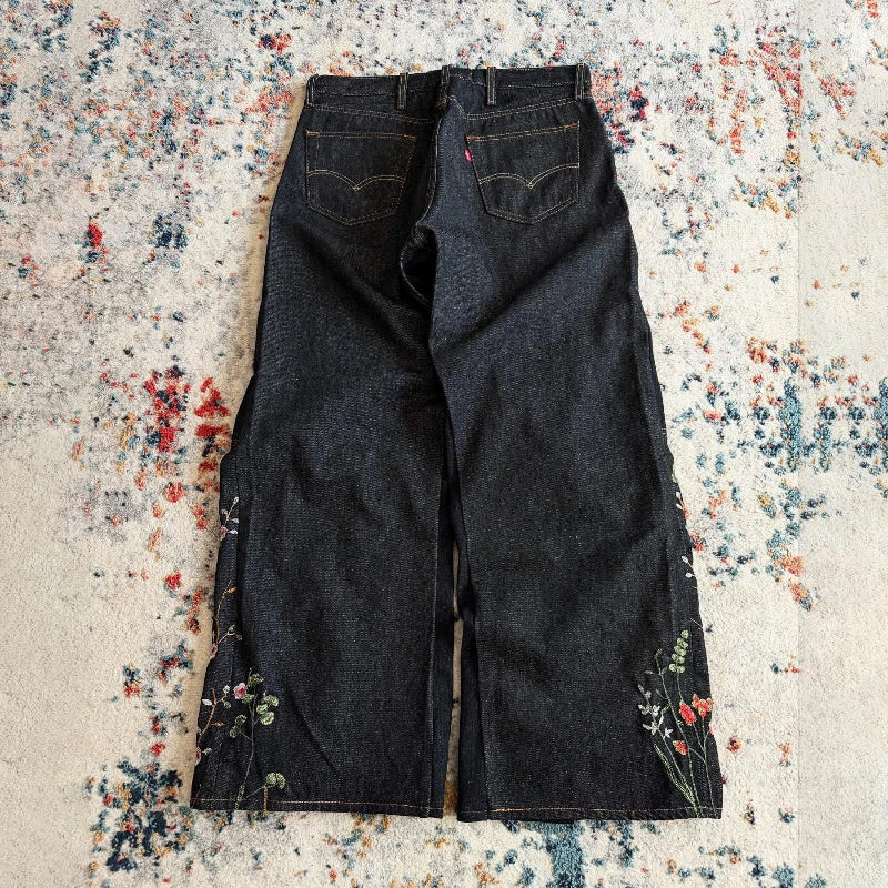 Y2K Blossom Baggy Jeans Trendy Floral Embroidery Streamlined Seams Unisex Streetwear Retro Harajuku Style Oversized Fit Pants