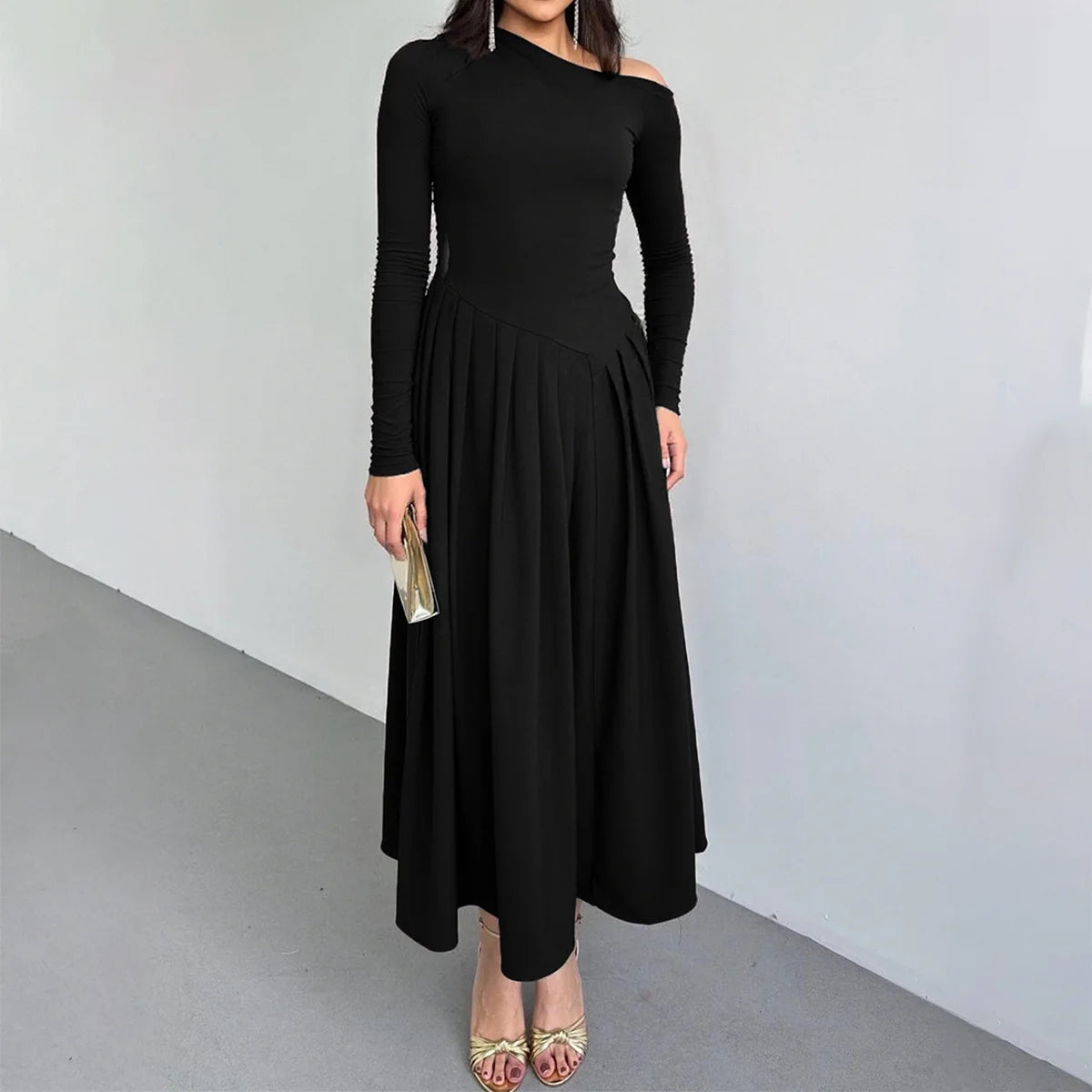 Elegant High Waist Long Sleeve Long Skirt Dress Women's Autumn and Winter 2025