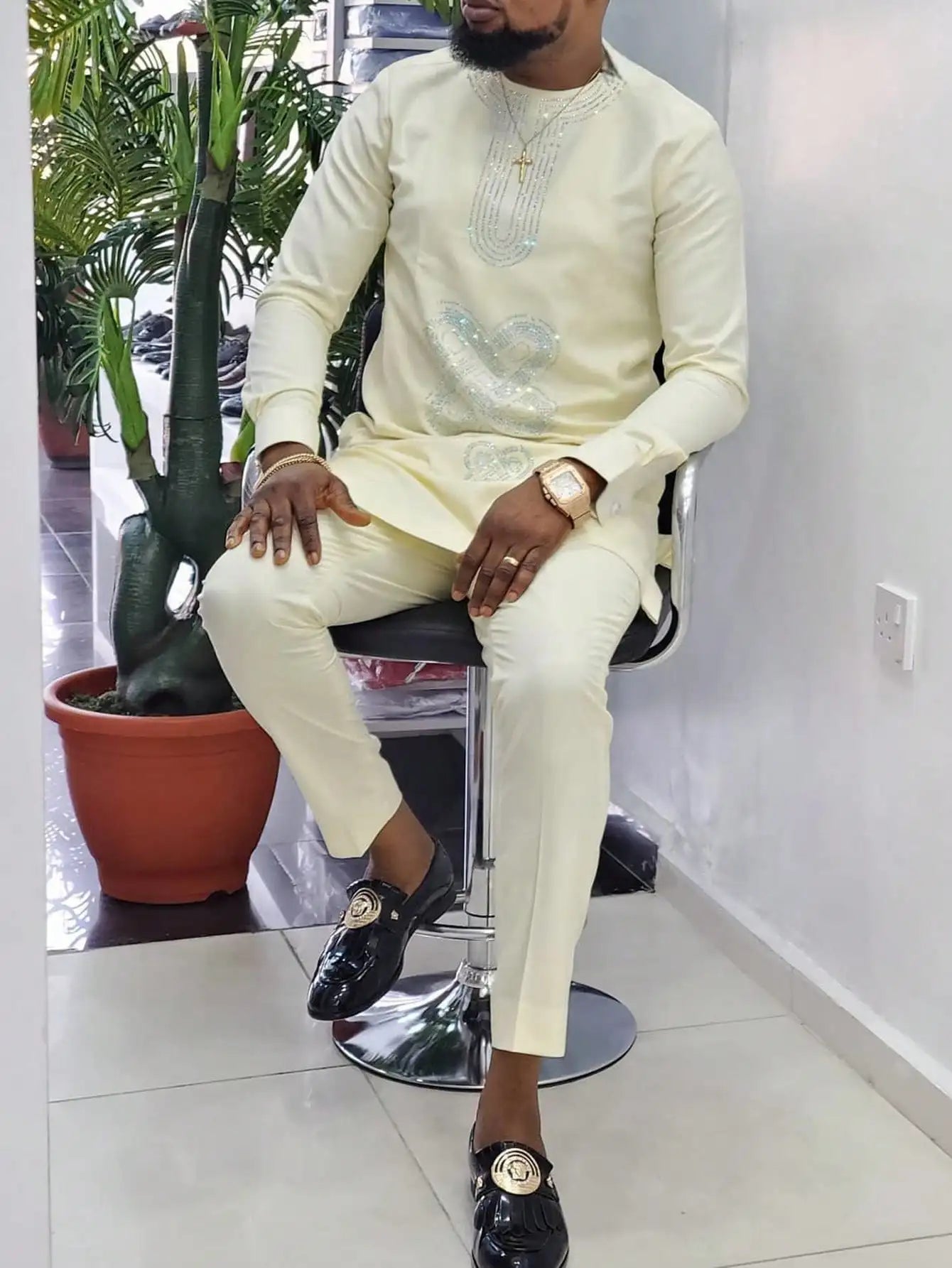 African Traditional Men Suit Printed Shirt Top Elastic Waist Pants White Wedding 2 Piece Set Outfits Ethnic Style Costumes