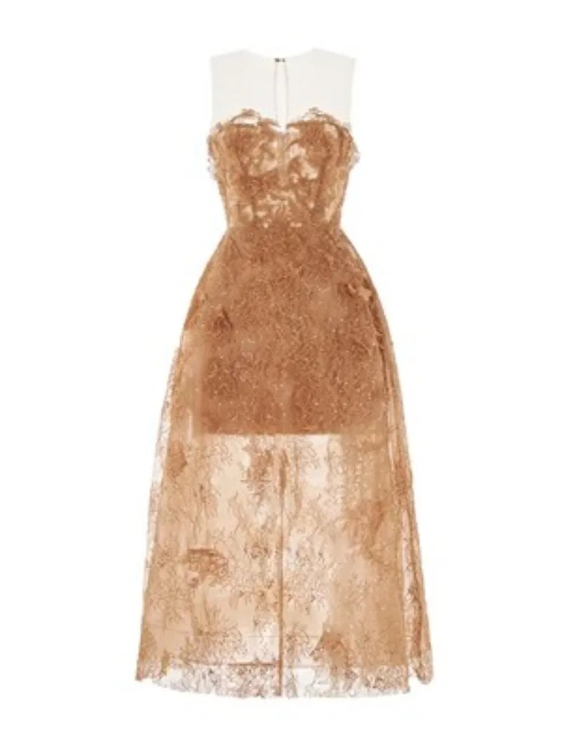 Khaki Lace Dress Women Runway Design 20234 Sleeveless Elegant Clothing Female High Waisted O-neck Evening Dresses