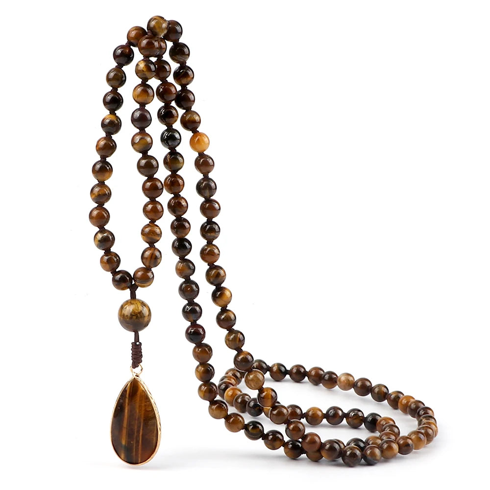 Men 108 Mala Beads Necklaces 6mm Natural Tiger Eye Stone Onyx Beads Prayer Necklace Drop Pendant Women Yoga Jewelry Gift