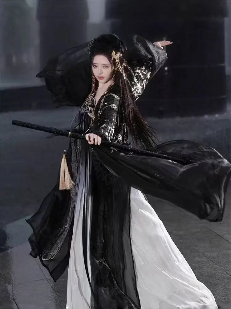 Tang Dynasty Black Mesh Hanfu Traditional Heavy Industry Embroidery Stage Show Costume Palace Style Princess Cosplay Suits