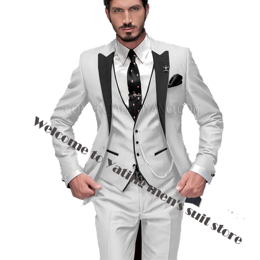 2024 New Men's Suit Wedding Tuxedo Groom Jacket Pants Vest Three-piece Set Elegant Men Blazer Wine Red Formal Outfit