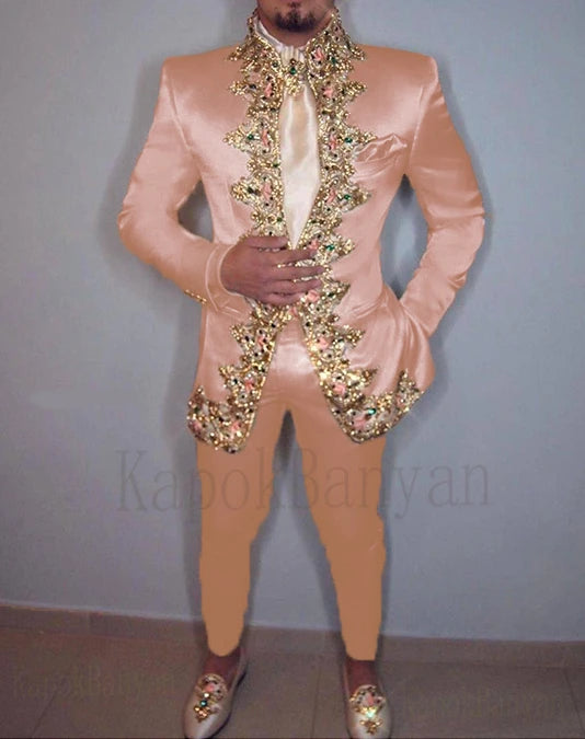 Men Suit 4K Two Piece (Jacket+Pants+Belt) Italian Stand Collar Slim Fit Wedding Suit for Men Custom Made /Embroidery Print Suit