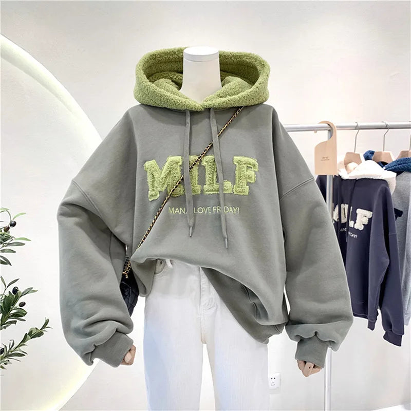 Cherub Fashion MILF Patchwork Oversize Sweatshirt Hoodie for Women