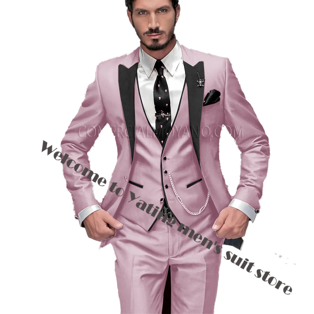 2024 New Men's Suit Wedding Tuxedo Groom Jacket Pants Vest Three-piece Set Elegant Men Blazer Wine Red Formal Outfit