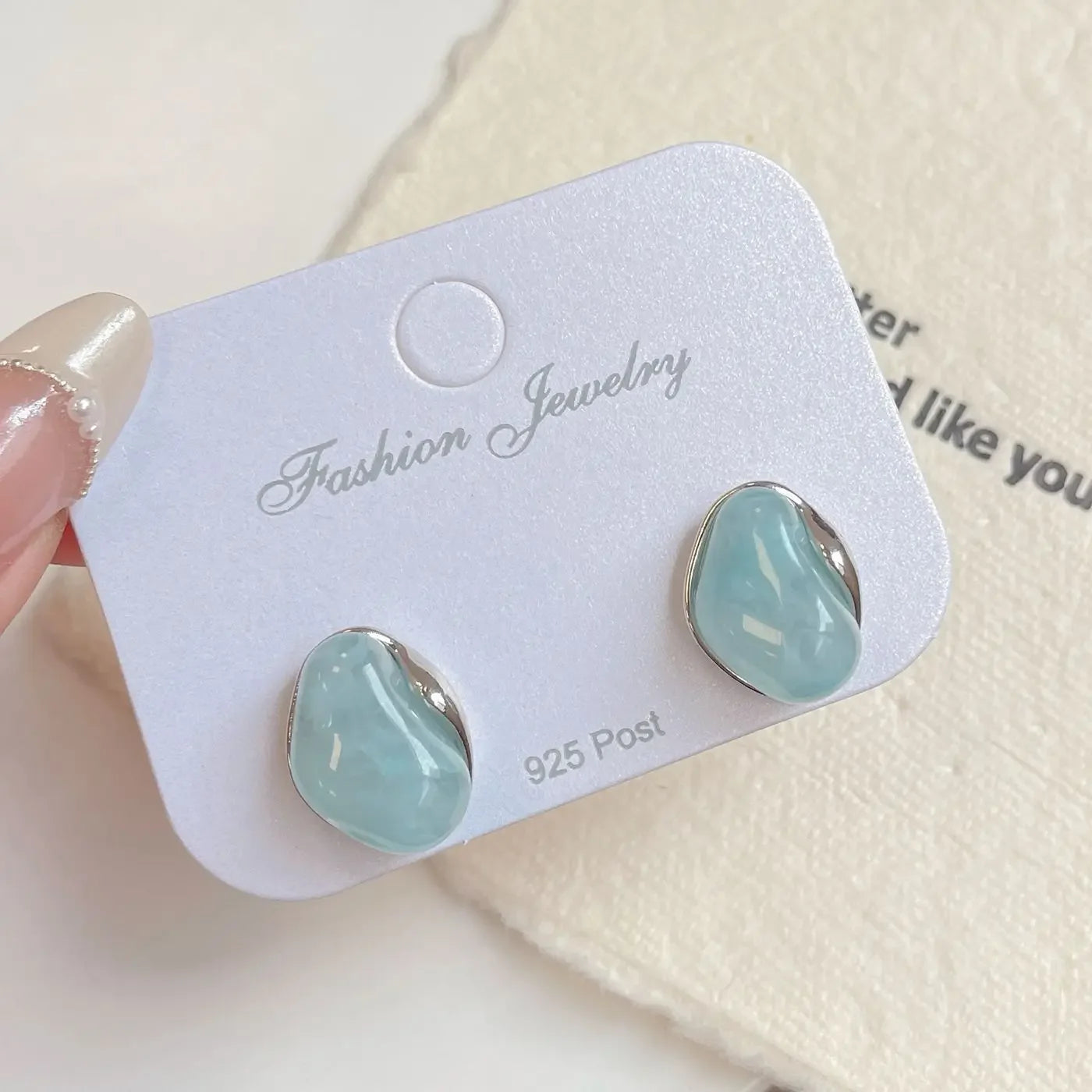 Irregular Smudging Resin Blue Jelly Ice Cute Geometric Bean Stud Earrings for Women Unique Jewelry Christmas Gift
