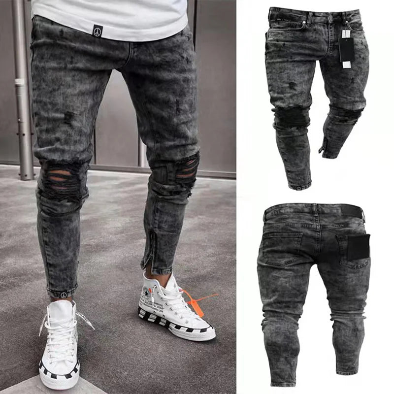 Men European American Style High Urban Ripped Hip Hop Stylish Skinny Jeans High Quality Holes Casual Cotton Pencil Denim Pants
