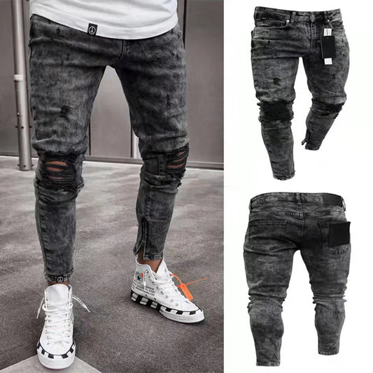 Men European American Style High Urban Ripped Hip Hop Stylish Skinny Jeans High Quality Holes Casual Cotton Pencil Denim Pants