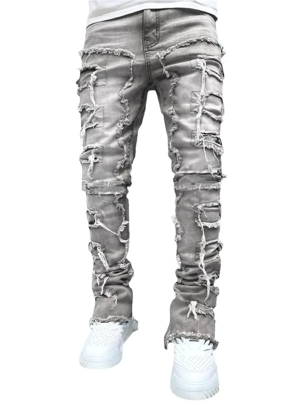 Urban Stacked Men's Regular Fit Jeans Ripped Slim Fit Patch Distressed Destroyed Straight Denim Pants Hip Hop Trouser Cloth