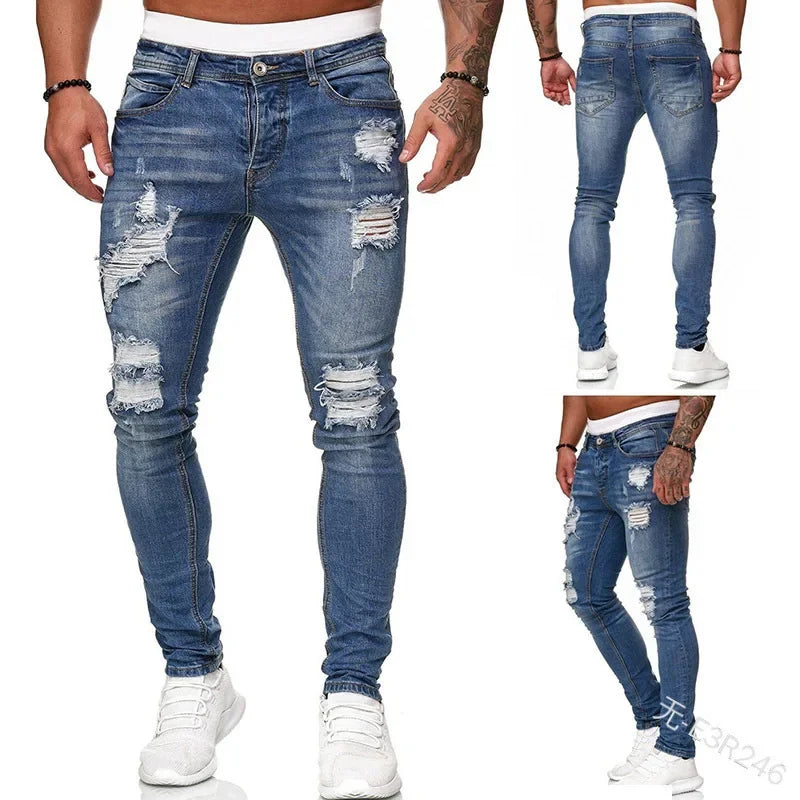Ripped Jeans Men Stretch Skinny Grey Blue Black Hip Hop Denim Trousers Urban wear Casual Slim Fit Jeans for Men Jogging jean
