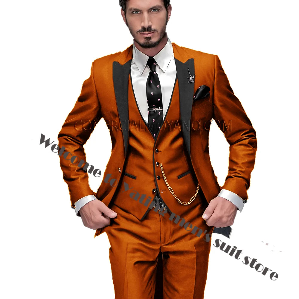 2024 New Men's Suit Wedding Tuxedo Groom Jacket Pants Vest Three-piece Set Elegant Men Blazer Wine Red Formal Outfit