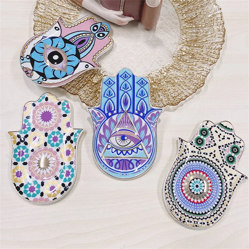 Ceramic Blue Evil Eye Hamsa Hand Jewelry Storage Tray Fatima Palm Lucky Decoration Desk Ornament Gothic Home Decorations Trinket