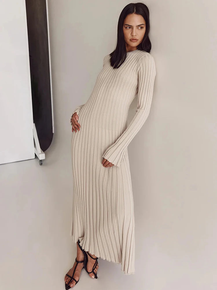 Cherub Pleated Lace-Up Female Knit Maxi Dress/ Autumn
